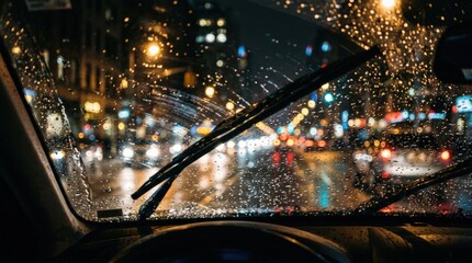 Rain droplets on car windshield with wipers and blurred city lights at night, moody urban driving scene, reflective texture and atmospheric bokeh, no logos