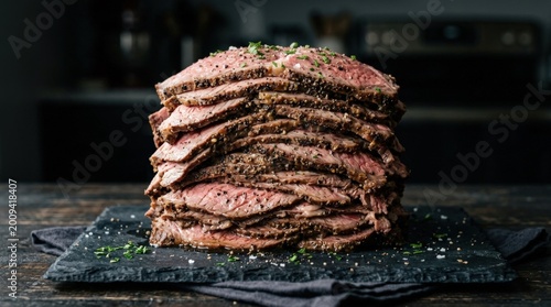 Tall stack of thinly sliced roast beef, perfectly seasoned and tender, hearty meat presentation with rich savory detail and clean dark background, realistic food photography, no logos