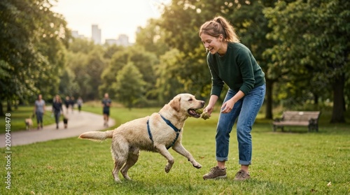 Young woman playing with her energetic Labrador dog in a park, joyful pet owner lifestyle, active outdoor companionship, candid motion and happiness, green urban nature setting, commercial family and