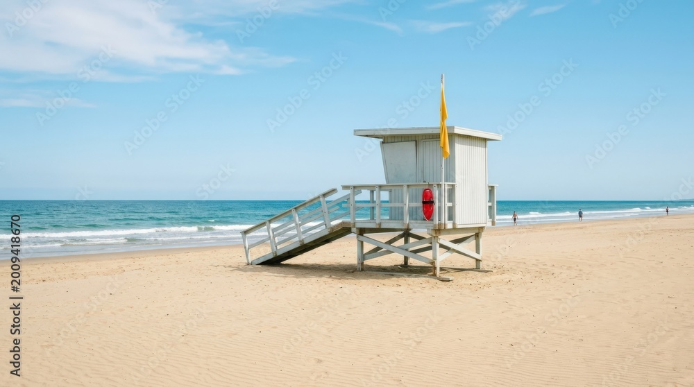 Obraz premium Lifeguard stand on an open beach, coastal safety, summer travel, seaside culture and minimal architectural concept for tourism campaigns, editorial storytelling and destination branding, clean lines