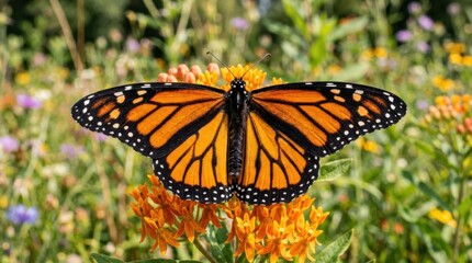 Monarch butterfly with wings spread wide, colorful nature close up, delicate insect detail, soft natural background, realistic detail, no logos