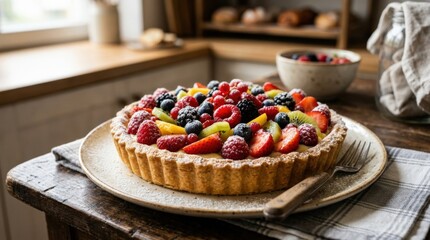 Fresh homemade fruit tart dusted with powdered sugar, rustic bakery dessert, colorful fruit topping and golden crust, appetizing pastry close up, soft natural light, no logos