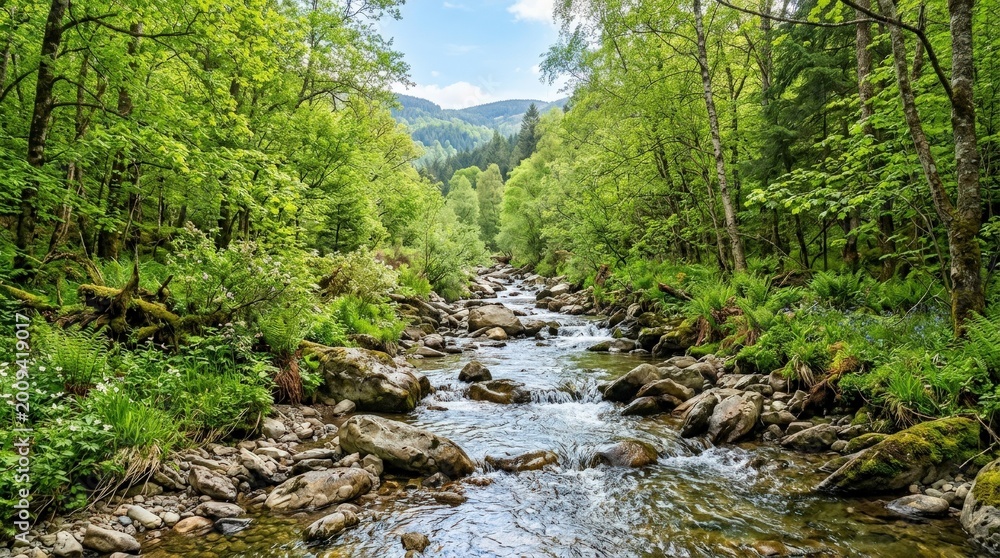 Fototapeta premium Spring forest nature landscape with beautiful stream and river rocks in mountain woodland, serene seasonal scenery for travel, wellness and outdoor branding, fresh greenery, flowing water, bright