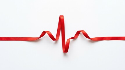 Red ribbon forming ECG heartbeat line on white background, health awareness and medical support concept with clean minimalist symbolism, crisp studio light, realistic detail, no logos