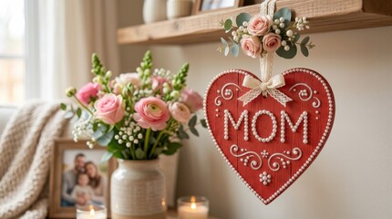 Red wooden heart with MOM and pearls, warm Mother's Day or family love concept with elegant decorative styling, soft light, realistic detail, no logos