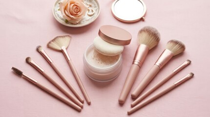 Makeup brushes and powder on a pink background, beauty routine concept, soft cosmetic tools arrangement, clean feminine flat lay, delicate studio light, no logos