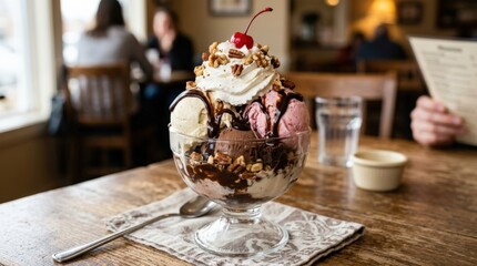 Large ice cream sundae topped with nuts and chocolate syrup, indulgent dessert with creamy scoops and rich sweet toppings, appetizing presentation, realistic detail, no logos