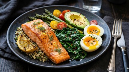 Plate of healthy food with salmon, eggs and spinach on a dark background, high protein meal with rich color contrast and nutritious appeal, clean styling, realistic food photography, no logos