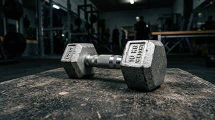 Silver dumbbell close up on a textured surface, fitness equipment and strength training concept, metallic weight detail with moody gym styling, sharp realistic focus, no logos