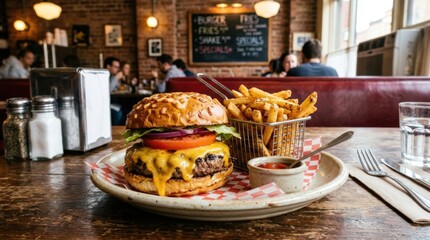 Cheeseburger on plate in urban diner setting, classic burger meal, melted cheese, rustic presentation, warm natural light, no logos