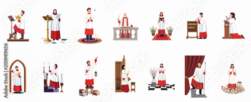 Canvastavla Set of diverse church choir members and altar servers performing various liturgical roles in traditional white and red robes on a white background