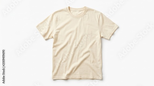 Cream colored short sleeve t shirt mockup isolated on a white background, clean apparel template for fashion presentation with soft fabric folds and minimal product styling, no logos