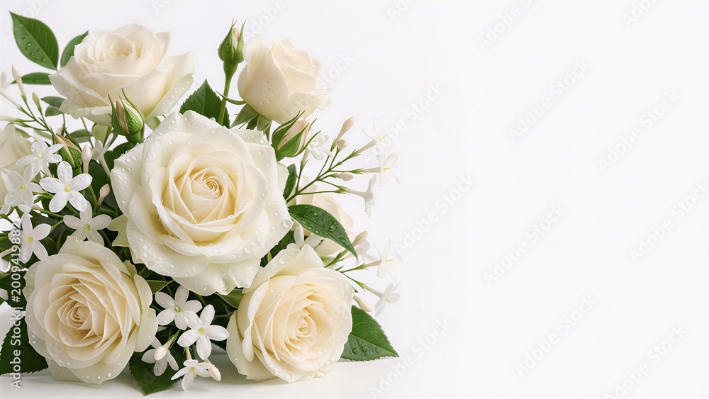 Obraz premium Blooming Roses and Jasmine with Dewdrops – Luxury Fragrance Fresh Minimal Mockup 