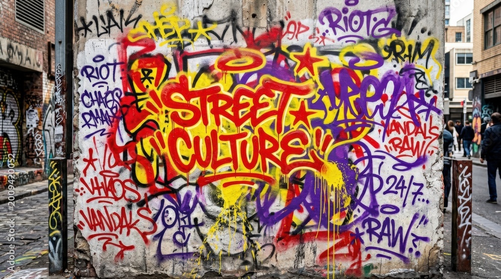 Obraz premium Urban graffiti wall in red, yellow and purple paint with drips and rough texture, bold street culture background for posters, city visuals and youth branding, layered mural marks, distressed concrete