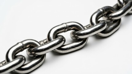 Close-up heavy metal chain on white background, industrial strength and security concept with polished steel links and clean product presentation, sharp studio light, realistic detail, no logos