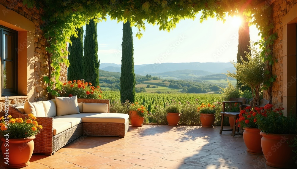 Fototapeta premium Terrace with sofa offers scenic vineyard views. Sunlight shines on Italian countryside landscape. Wicker furniture, potted flowers create cozy outdoor seating area for relaxation. Mountains rise on