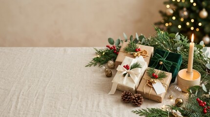 Christmas decorations with presents on beige background, elegant holiday banner concept with copy space, warm minimal festive styling, realistic detail, no logos