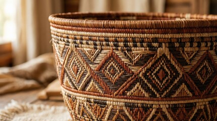 Intricate woven basket detail with geometric patterns in earth tones, handcrafted texture and artisan design in a close up composition, natural fibers, warm light, realistic product detail, no logos