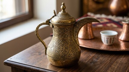 Ornate brass Arabic coffee pot with intricate designs, traditional hospitality object in an elegant close up product presentation, rich metallic texture, realistic detail, no logos