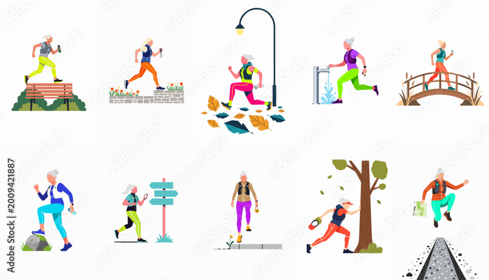 Fototapeta premium Collection of flat vector illustrations depicting active senior women running and jogging in various outdoor environments, promoting health and vitality in later life.