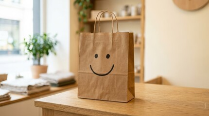 Brown paper shopping bag with a smiley face drawn on it, cheerful retail and eco packaging concept, minimal creative styling, clean background, soft natural light, no logos