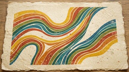Retro wavy lines on textured paper background, vintage design element, colorful flowing stripes, warm nostalgic composition, no logos