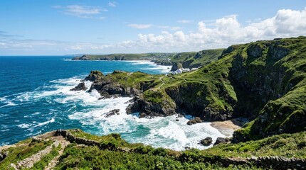 Lush green coastal cliffs overlooking crashing ocean waves, dramatic seaside landscape, scenic travel destination, rugged shoreline and vivid water, bright natural light, no logos