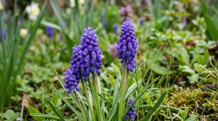 Vibrant purple grape hyacinth flowers in bloom, fresh spring blossoms with rich color and delicate petals, botanical close up, natural garden light, no logos