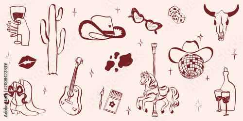 Konstfotografi Cowgirl disco party essentials with pink cowboy hats, boots and horseshoes