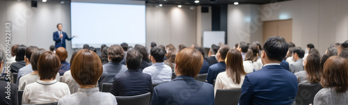 Engaging Presentation: A captivating presentation unfolds as a speaker commands attention on stage, addressing a rapt audience in a modern conference room setting.