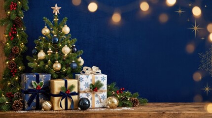 Christmas decorations with presents on blue background, festive holiday banner concept with copy space and elegant styling, realistic detail, no logos