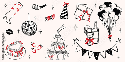 Whimsical party doodle set with birthday cake, cocktails, balloons, ribbons and hand drawn celebration elements ideal for bachelorette events and wedding decorations.