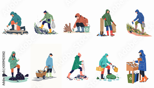 Tableau sur toile Flat vector illustrations of diverse volunteers cleaning up plastic waste and pollution from coastal environments to protect the ocean and marine life