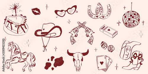 Cowgirl disco party essentials with pink cowboy hats, boots and horseshoes. Retro western doodle set featuring girly illustrations, playing cards and bachelorette celebration icons