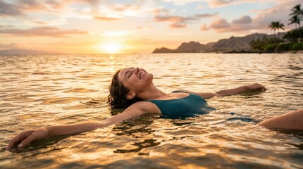 Smiling woman floating in the sea at sunset, serene summer lifestyle portrait with golden water, calm expression and dreamy vacation mood, strong commercial stock appeal for wellness, travel and