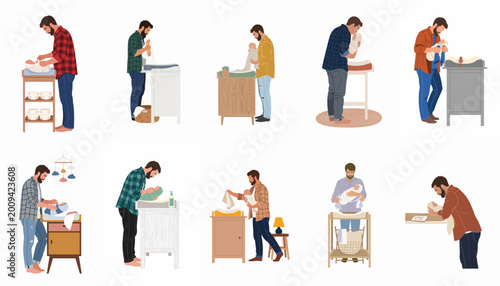 Obraz na plátně Flat vector illustration set of diverse fathers caring for their newborn babies, changing diapers, and swaddling infants at various changing tables