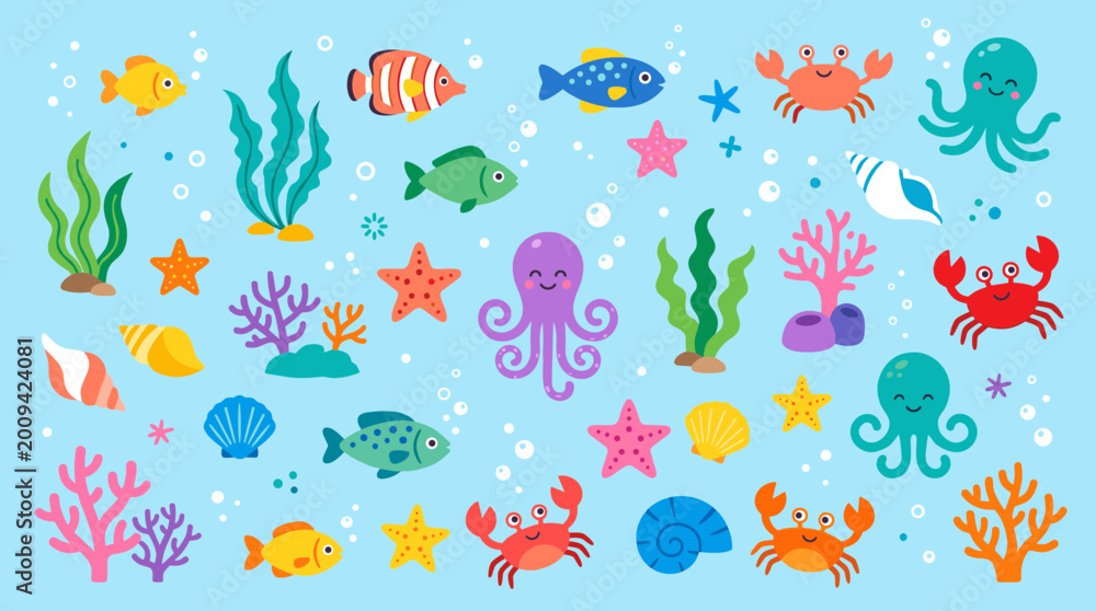 Obraz premium Cute cartoon underwater sea life collection with colorful fish octopuses crabs starfish coral and shells on blue background