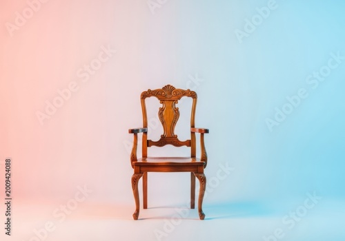 An elegant arrangement of antique wooden chairs positioned for a formal portrait featuring soft pastel backdrops and silky smooth gradients, wood, artistic, minimalist