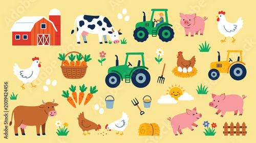 Charming farm scene with various animals including cows pigs and chickens alongside tractors and a barn in a cheerful cartoon style