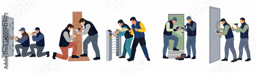 Fotografía Flat illustration set of professional burglars breaking into various doors, gates, and safes using specialized tools and flashlights on a white background