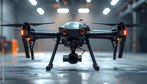 Advanced aerial drone with camera, poised for flight indoors