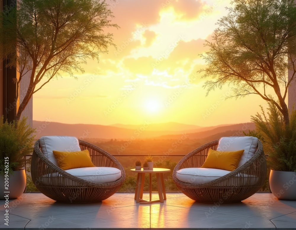 Obraz premium Two modern chairs on a patio overlook sunset mountain landscape. Outdoor living space with warm evening light. Furniture invites relaxation with a tranquil view.