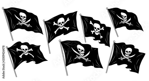 Fotografie Pirate Flags Skull Crossbones Waving