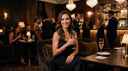 Luxury evening portrait in entertainment lounge, glamorous evening lifestyle portrait with luxury hospitality mood, refined fashion styling, polished interior atmosphere and cinematic social energy,