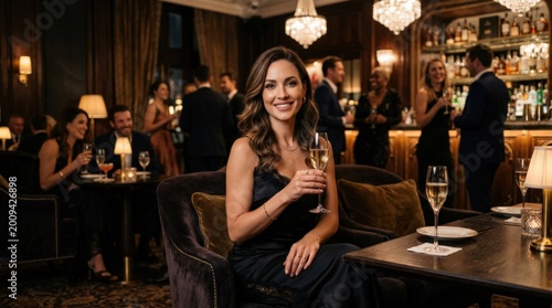 Luxury evening portrait in entertainment lounge, glamorous evening lifestyle portrait with luxury hospitality mood, refined fashion styling, polished interior atmosphere and cinematic social energy,