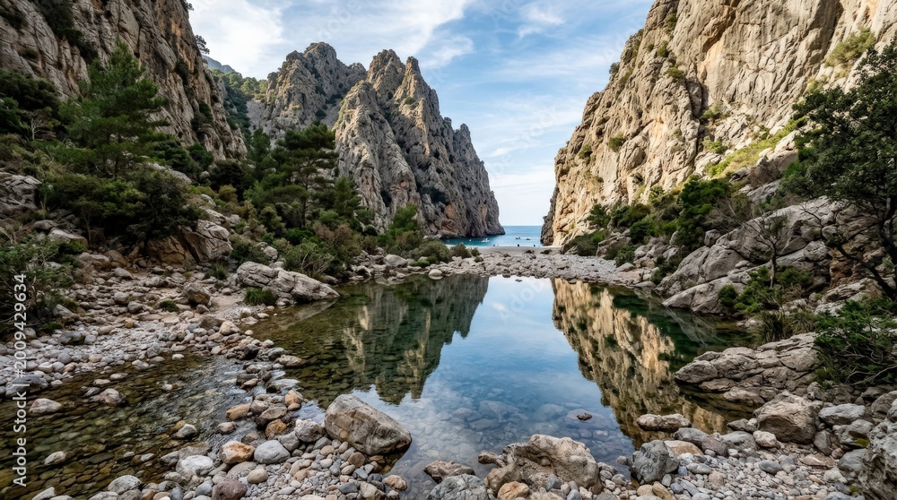 Obraz premium Rocky stream and mountain reflections in Torrent de Pareis, Mallorca, dramatic Mediterranean gorge landscape with rugged textures, calm water and scenic travel mood, natural daylight, layered detail,