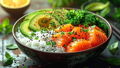 Fresh salmon, avocado, broccoli, and rice bowl with sesame seeds and herbs