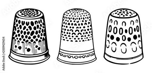 Foto Thimble set with black line art on white background featuring sewing, needle, stitching, with hobby and craft, illustrated for stitching projects and needlework designs