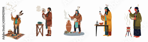 Foto Collection of Native American figures in traditional dress performing sacred smudging ceremonies with burning sage, feathers, and pottery, isolated on white