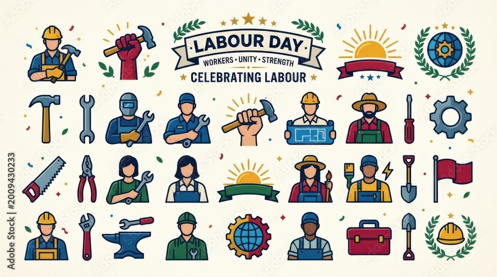 Naklejka premium Labour Day design Set – Minimal Solid Style Workers Icons, Tools, and Celebration Elements, elegant symbolic elements and clean composition, vibrant celebratory mood, realistic detail, polished